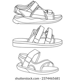 Strap sandals outline drawing vector, strap sandals drawn in a sketch style, bundling strap sandals template outline, vector Illustration.