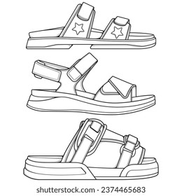 Strap sandals outline drawing vector, strap sandals drawn in a sketch style, bundling strap sandals template outline, vector Illustration.