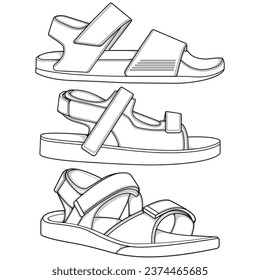 Strap sandals outline drawing vector, strap sandals drawn in a sketch style, bundling strap sandals template outline, vector Illustration.