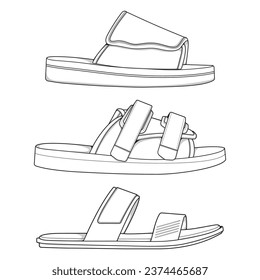 Strap sandals outline drawing vector, strap sandals drawn in a sketch style, bundling strap sandals template outline, vector Illustration.