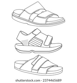 Strap sandals outline drawing vector, strap sandals drawn in a sketch style, bundling strap sandals template outline, vector Illustration.