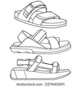 Strap sandals outline drawing vector, strap sandals drawn in a sketch style, bundling strap sandals template outline, vector Illustration.