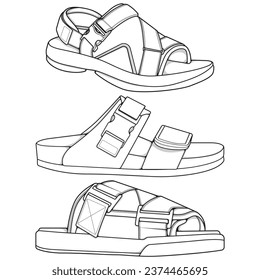 Strap sandals outline drawing vector, strap sandals drawn in a sketch style, bundling strap sandals template outline, vector Illustration.