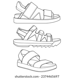 Strap sandals outline drawing vector, strap sandals drawn in a sketch style, bundling strap sandals template outline, vector Illustration.