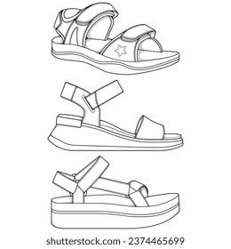 Strap sandals outline drawing vector, strap sandals drawn in a sketch style, bundling strap sandals template outline, vector Illustration.