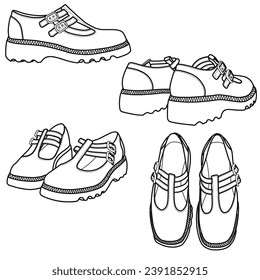 Zapatos de correa con suela gruesa. Colección dibujada a mano. Ilustración de esbozo vectorial, vista frontal, trasera, superior y lateral. Aislado sobre un fondo blanco.