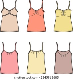 Strap top flat sketch. Set of singlet apparel design. Front view. Women CAD mockup. Fashion technical drawing template. Vector illustration