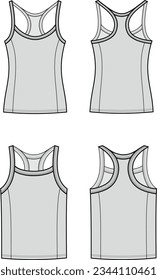 Strap top flat sketch. Sport singlet apparel design. Front and back. Women and men CAD mockup. Fashion technical drawing template. Vector illustration