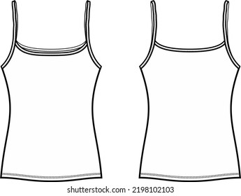 Strap top flat sketch. Summer singlet apparel design. Front and back.  Women CAD mockup. Fashion technical drawing template. Vector illustration.