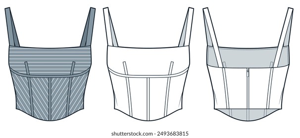 Strap Top technical fashion Illustration, striped pattern. Corset Top fashion flat technical drawing template, back zipper, slim fit, front and back view, white, grey, women Top CAD mockup set.