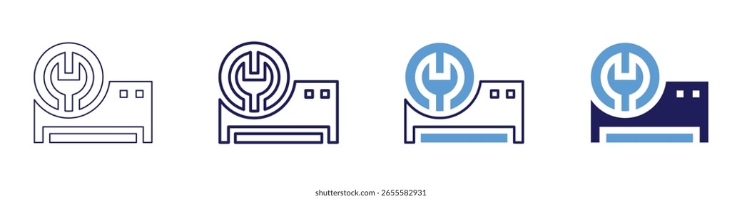 Icono de llave de correa en 4 estilos diferentes. Línea delgada, línea, línea en negrita, duotono. Estilo duotono. Trazo editable.