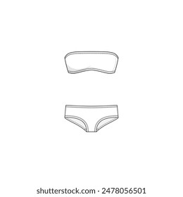 Strapless Bikini front view flat vector illustration in black and white. Bandeau neckline 2 piece swimsuit mock-up with double needle stitches. Vacation and sport clothes concept. Beach vibes