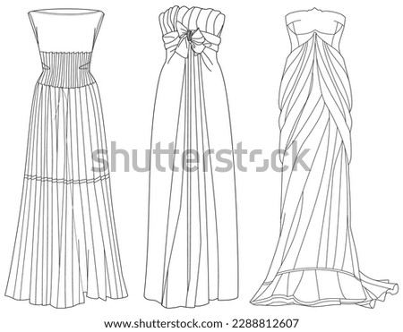  strapless column wedding dress design flat sketch fashion illustration with front and back view, off shoulder pleated trumpet bridal dress flat sketch cad drawing template
