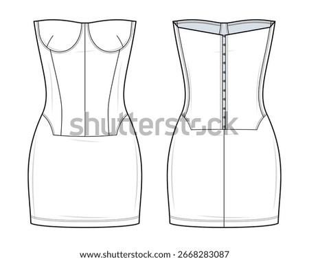 Strapless Corset Mini Dress Technical Fashion Illustration. Bustier-Style Bodycon Dress Vector Template. Front and Back View. Structured Bodice. Back Hook-and-Eye Closure. White Color. CAD Mockup.