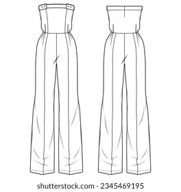 Strapless jumpsuit design flat sketch fashion illustration with front and back view, sleeveless off shoulder overall jumpsuit dress with wide leg pant drawing vector template.