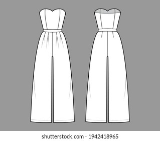 Strapless jumpsuit overall technical fashion illustration with full length, normal waist, high rise, double pleats. Flat apparel garment front back, white color style. Women, men unisex CAD mockup