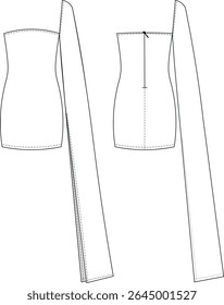 strapless neck sleeveless long sleeve one shoulder zippered bodycon short mini dress template technical drawing flat sketch cad mockup fashion woman design style model 