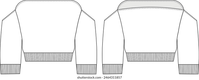 sin tirantes fuera del hombro de manga larga recortado acanalado suéter Plantilla dibujo técnico plano sketch cad mockup moda mujer diseño estilo modelo