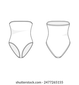 Strapless swimsuit, front and back view flat vector illustration in black and white. Bandeau neckline bathing suit mock-up with double needle stitches. Vacation and sport clothes concept. Beach vibes