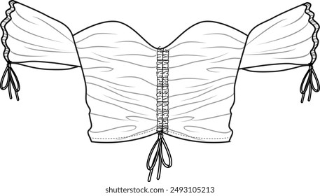 top sin tirantes con frente recogido y mangas