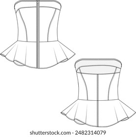 strapless zippered peplum blouse bustier template technical drawing flat sketch cad mockup fashion woman denim jean