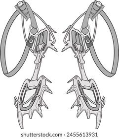 Strap-on mountaineering crampons technical vector illustration