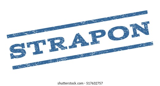 Strapon watermark stamp. Text caption between parallel lines with grunge design style. Rubber seal stamp with unclean texture. Vector cobalt blue color ink imprint on a white background.
