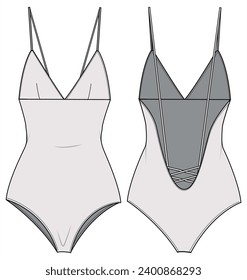 Delantero Strappy Back Open Leotard Bodysuit Vista frontal y trasera. Ilustración de vectores de esbozo plano de moda, CAD, dibujo técnico, plano