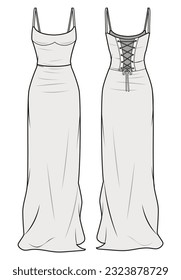Strappy Corset Maxi Column Dress Front and Back View. Fashion Flat Sketch Vector Illustration, CAD, Technical Drawing, Flat Drawing, Template, Mockup.
