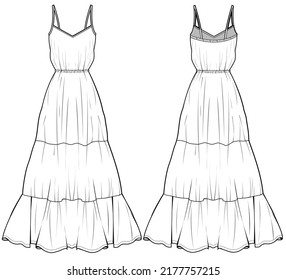 strappy flared maxi tiered dress Front and Back View. Fashion Illustration, Vector, CAD, Technical Drawing, Flat Drawing.