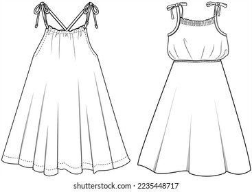 Strappy Flared Summer Sun Dress Set Fashion Illustration, Vector, Technical Drawing, Flat Drawing, Template, Mockup.