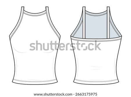 Strappy Halter Crop Top Technical Fashion Illustration. Fitted Sleeveless Top Vector Template. Front and Back View. White Color. CAD Mockup set.