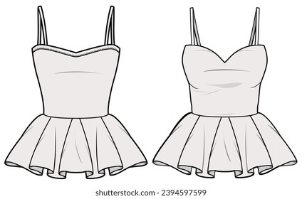 Strappy Peplum Cami Top Fashion Flat Sketch Vector Illustration, CAD, Technical Drawing, Flat Drawing, Template, Mockup.