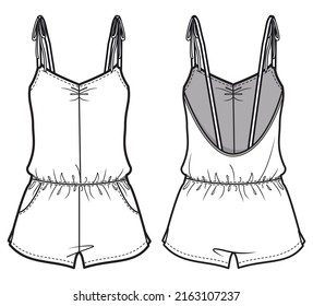 Strappy Playsuit Dress Front and Back View. fashion illustration vector, CAD, technical drawing, flat drawing.	