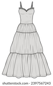 Strappy Sweetheart Neck Tiered Maxi Dress Fashion Illustration, Vector, CAD, Technical Drawing, Flat Drawing, Template, Mockup