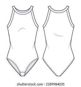 Straps Bodysuit fashion flat technical drawing template. Girls Bodysuit template, sleeveless, round neck, front and back view, white, fashion CAD mockup.