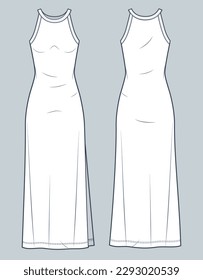Straps Tank Top Dress technical fashion illustration. Women's Maxi Dress technical drawing template, crew neckline, side slit,  front and back view, white color, ribbed, women CAD mockup.