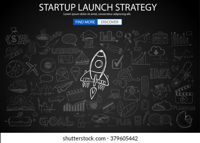 Strartup Launch Strategy Concept with Doodle design style :finding solution, monetization strategy, increase funding. Modern style illustration for web banners, brochure and flyers.