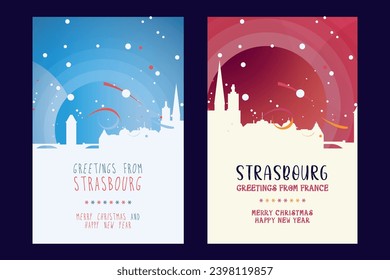 Strasbourg city poster with Christmas skyline, cityscape, landmarks. Winter France, Alsace town holiday, New Year vertical vector layout for brochure, website, flyer, leaflet, card