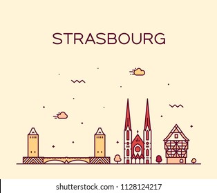 Strasbourg city skyline, Grand Est, France. Trendy vector illustration, linear style