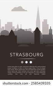 Strasbourg city template for website, presentation, front page, invitation, publication sheet with skyline, landmarks. Vector France image layout, simple and grayscale