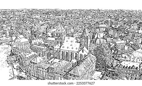 Strasbourg, France. Church of St. Thomas, Protestant Church. Doodle sketch style. Aerial view