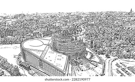 Strasbourg, France. The complex of buildings is the European Parliament. Doodle sketch style. Aerial view