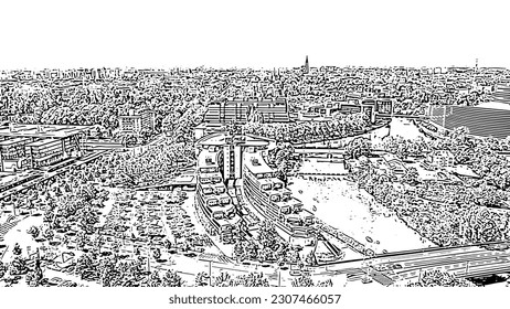 Strasbourg, France. The complex of buildings is the European Parliament, the European Court of Human Rights, the Palace of Europe. Doodle sketch style. Aerial view