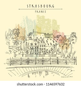 Strasbourg, France, Europe. Bridge, trees and old houses. Cozy European town. Hand drawing in retro style. Travel sketch. Vintage hand drawn touristic postcard, poster or book illustration in vector