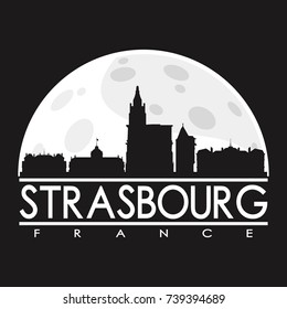 Strasbourg France Full Moon Night Skyline Silhouette Design City Vector Art Background.