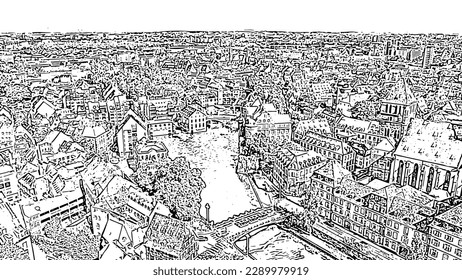 Strasbourg, France. Historic City, Ill River. Doodle sketch style. Aerial view