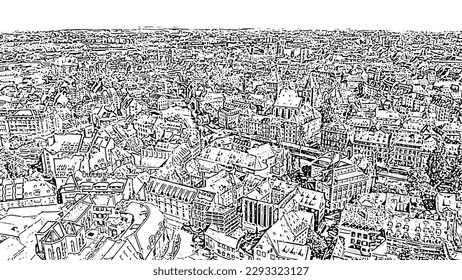 Strasbourg, France. Historic City, Ill River. Doodle sketch style. Aerial view