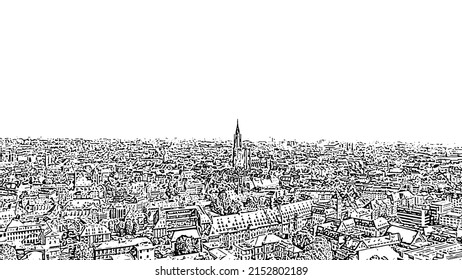 Strasbourg, France. The historical part of the city, Strasbourg Cathedral. Doodle sketch style. Aerial view