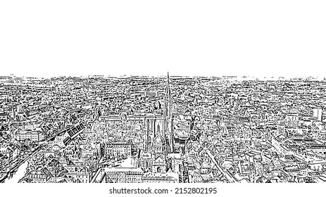 Strasbourg, France. The historical part of the city, Strasbourg Cathedral. Doodle sketch style. Aerial view